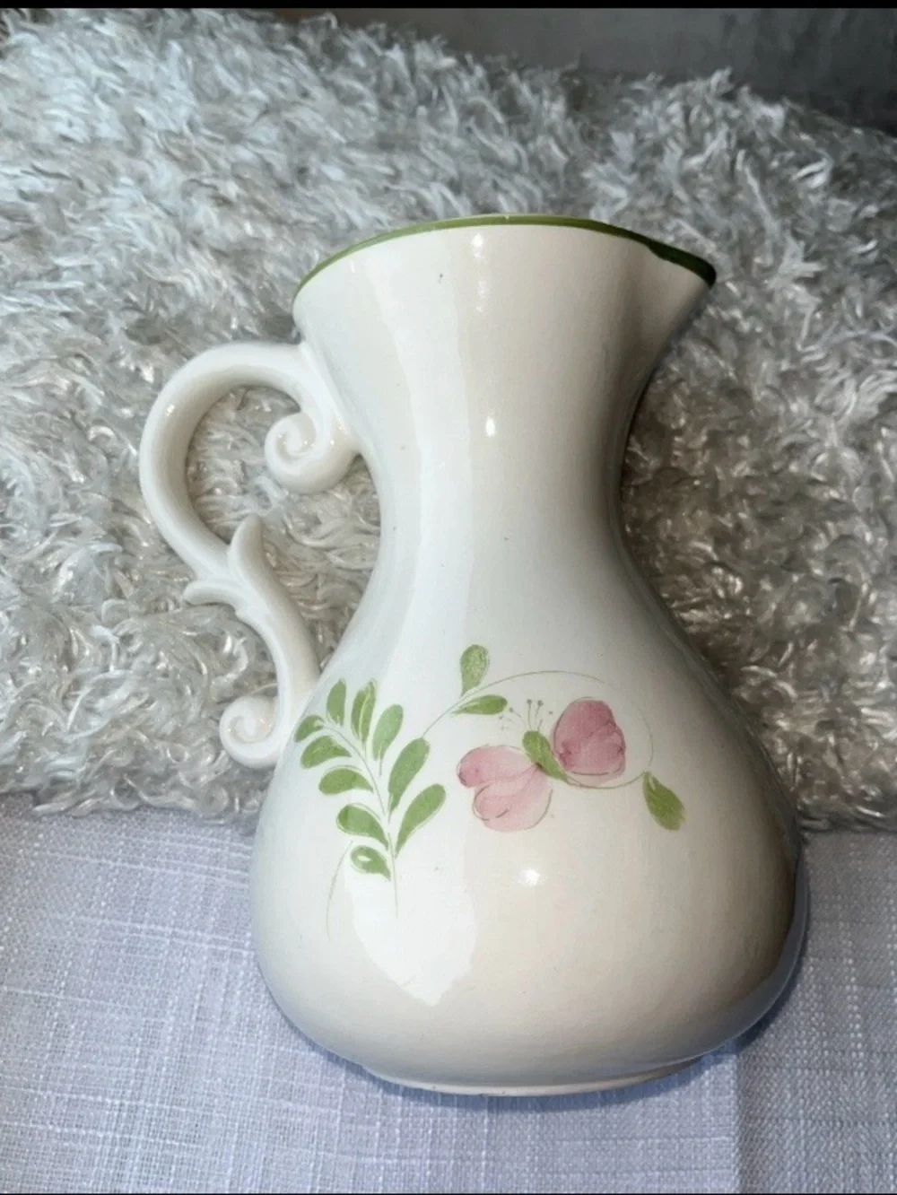 VTG FTDA Weiss-Brazil Ceramic Hand Painted Pitcher Vase Flowers Butterfly 1979